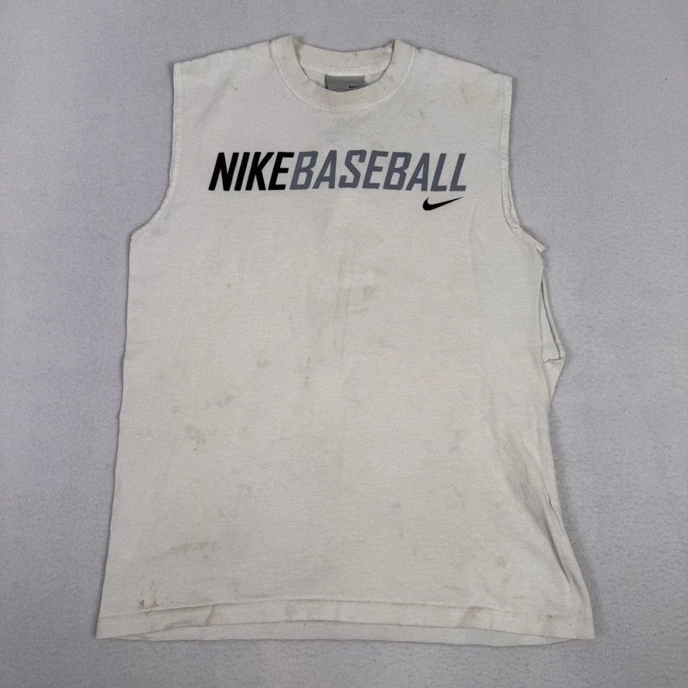 Nike Boys Sleeveless Muscle Tee Size M 10-12 Baseball Graphic White Cutoff Shirt